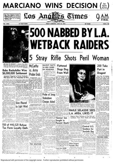 LA Times Schlagzeile über Abschiebungsrazzien unter der Leitung der Einwanderungsbehörde und der Grenzpolizei.