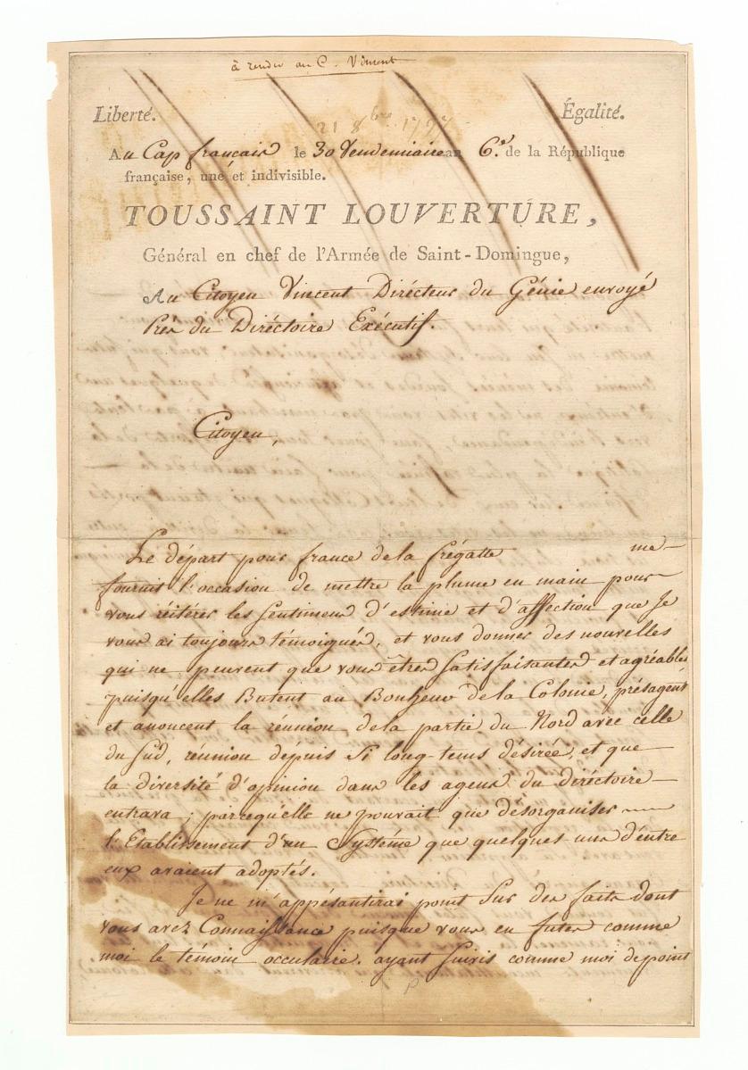 Letter to Charles Humbert Marie Vincent signed by Toussaint Louverture. October 21, 1797. Photograph of ink on paper.